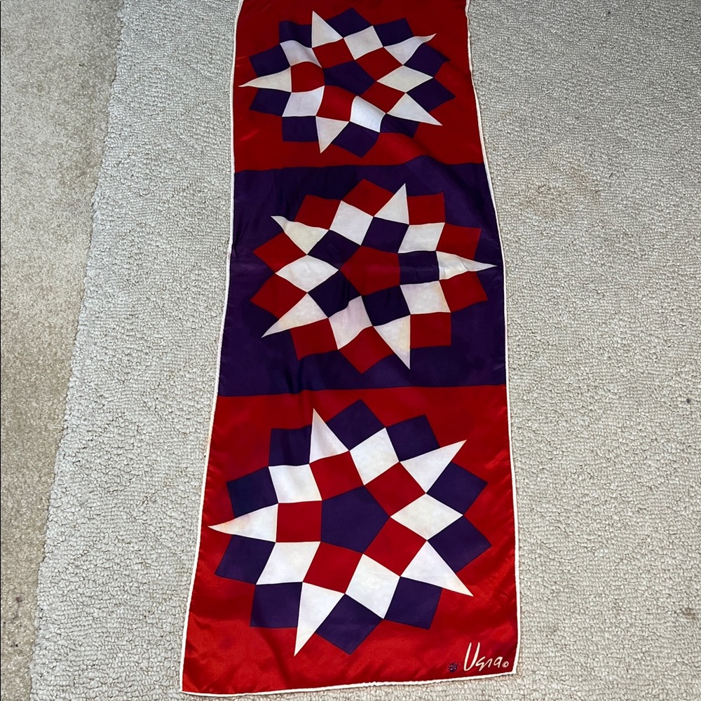 Vintage Vera Neumann Silk Scarf Red White Blue Geometric Star Pattern